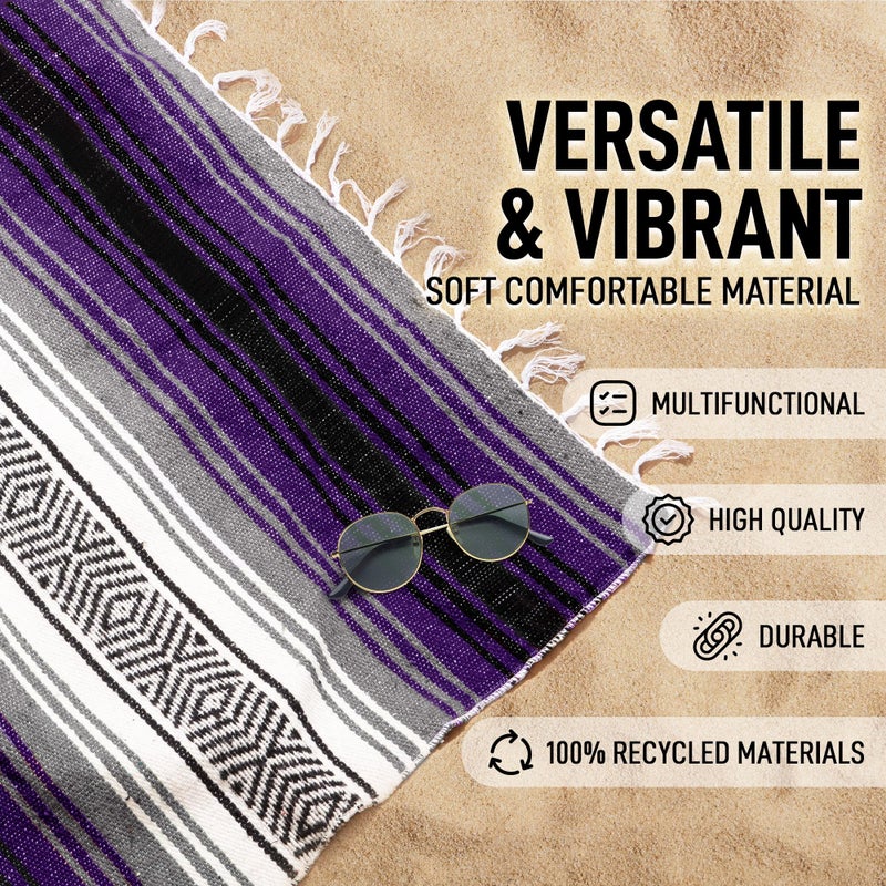 Hydration Nation Authentic Extra Large Mexican Blanket (70"x50") - Handwoven Yoga, Serape - Artisanal Falsa, Beach, Camping, Picnic, Outdoor (Purple) - Image 3